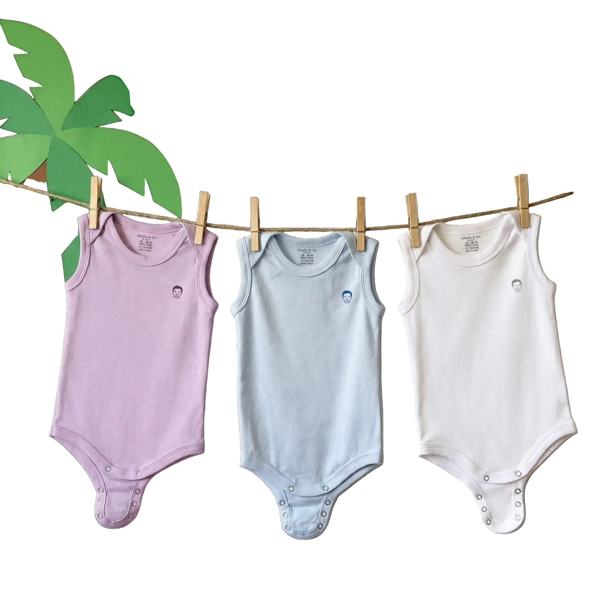 Three sleeveless baby bodysuits in lavender, light blue, and white hang on a wooden clothesline against a cream wall decorated with paper palm leaves, blue birds, and colorful flowers. A 'Chic & Co Baby' logo is visible at the top.